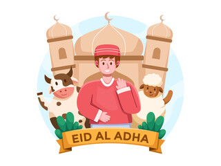 Vector illustration of Eid al-Adha featuring Muslim people and sacrificial animals such as sheep and cows gathered around, with mosques in the background.
Perfect for card, banner, web, etc