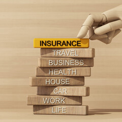 Model wooden hand moving wooden stick with text in concept of life insurance and security future financial plans and stability. 3d rendering