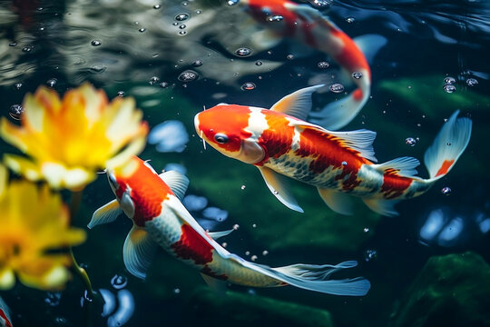 Top view of colorful koi fishes in clear water. AI generative