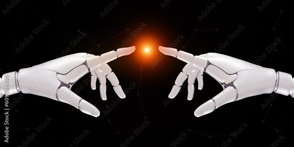 Poster 3d rendered robotic hands futuristic background touching a glowing light in the center. modern and f