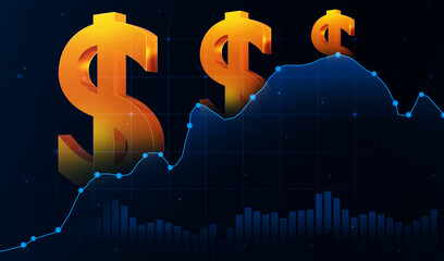 Dollar price goes up with the blue graph and golden 3d rendered sign of currency. USD price increasing concept backdrop