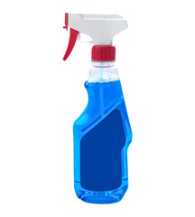 Glass cleaner spray bottle in with blue liquid and empty label for design, transparent background. Detergent bottle png