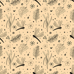 Seamless dragonfly graphic pattern. Dragonflies with flowers, branches and leaves, and cattails. Hand drawn insect illustration.