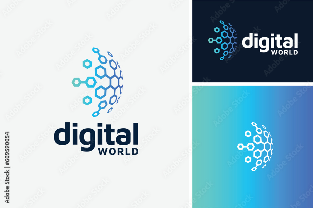 Wall mural modern globe digital futuristic hexagon chain link for world wide global network connection technolo