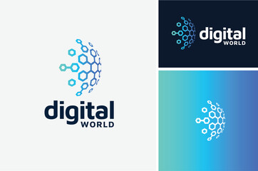 Modern Globe digital futuristic hexagon chain link for World Wide Global Network Connection Technology internet web logo design - obrazy, fototapety, plakaty