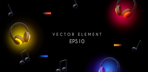 3d Headphones background. Music, radio. concert or game neon light concept, poster design element.