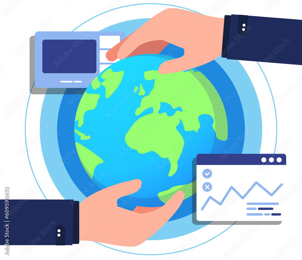 Poster global cooperation. businessman with globe. technology creative idea and solution.earth day..