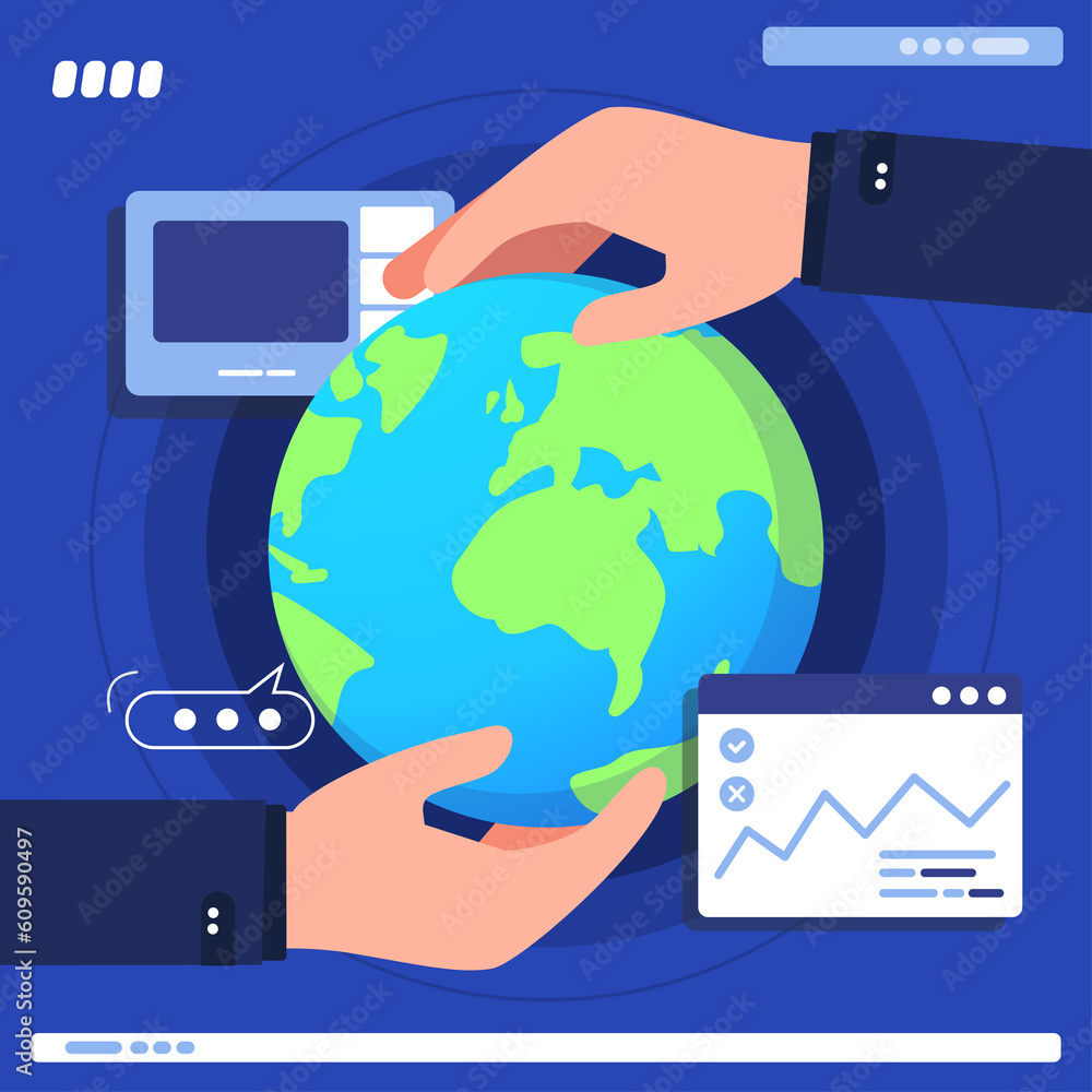 Poster global cooperation. businessman with globe. technology creative idea and solution.earth day..