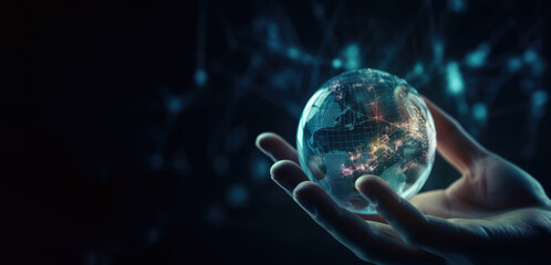 Human hand holding glowing blue linear futuristic metaverse data network cyberspace globe. Business global internet connection and digital marketing, link tech sphere, created with Generative AI