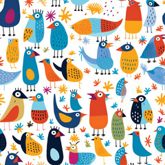 Funny colorful cartoon birds. Seamless pattern. Created with Generative AI technology.