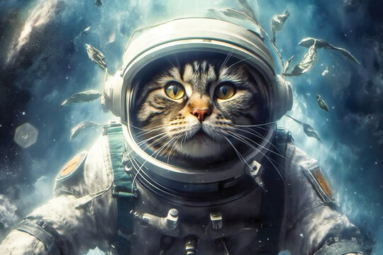 Cute space cat dressed in astronaut suit. Created with Generative AI technology.
