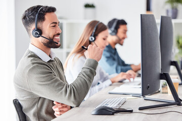 Man, call center and working in team office with headset, computer for online customer support, service or help. Businessman, employee and job in crm, telemarketing or communication help desk - obrazy, fototapety, plakaty