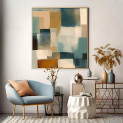 Blue armchair and big art poster on white wall. Mid century styl