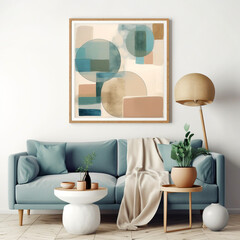 Blue sofa against white wall with art poster frame. Mid century style interior design of modern living room. Created with generative AI