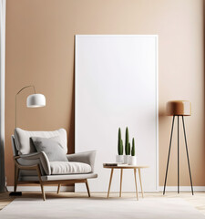 Gray armchair and floor lamp against beige wall. Interior design of modern living room with big empty blank mock up poster frame. Created with generative AI