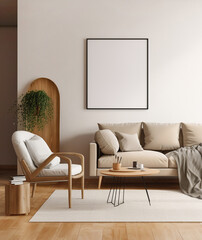 Beige sofa and armchair near white wall. Interior design of modern living room with empty blank mock up poster frame. Created with generative AI