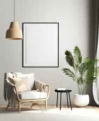 White armchair and wicker pendant lamp against white wall. Interior design of modern living room with empty blank mock up poster frame. Created with generative AI
