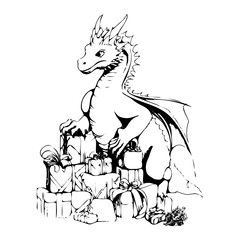 Coloring book with dragon. Year of the dragon 2024 linear black and white illustration for coloring. Generated using artificial intelligence