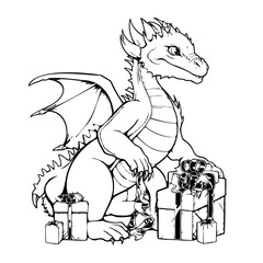 Coloring book with dragon. Year of the dragon 2024 linear black and white illustration for coloring. Generated using artificial intelligence