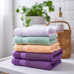 Fototapeta na wymiar Bath towels stacked in bathroom