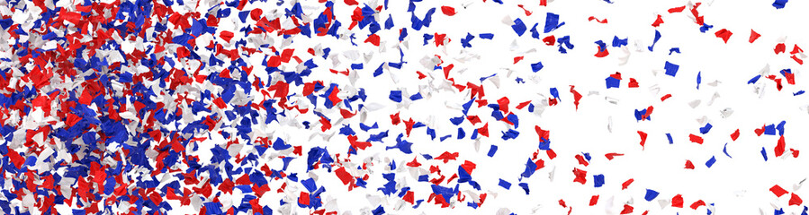bandeau composé de milliers de confettis bleus, blancs et rouges sur fond transparent - rendu 3D - obrazy, fototapety, plakaty