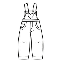 Denim overalls with heart applique for girls outline for coloring on a white background