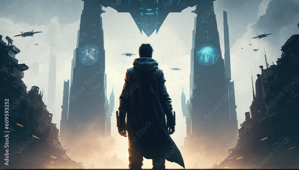 Aufkleber a futuristic sci-fi scene where a man stands in the middle of a vast, sprawling metropolis, surround