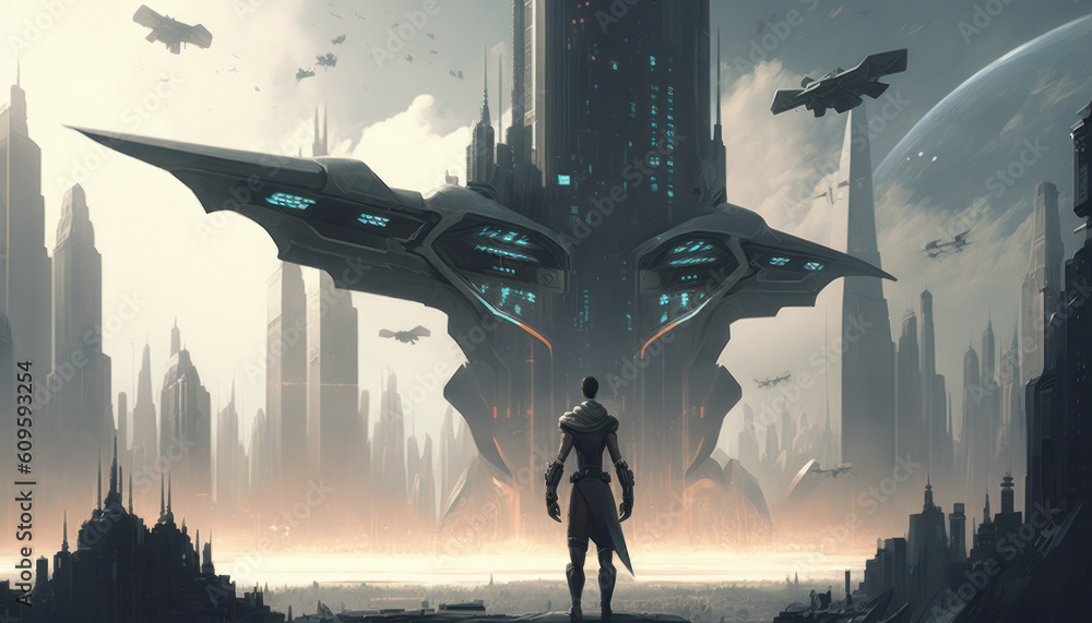 Poster a futuristic sci-fi scene where a man stands in the middle of a vast, sprawling metropolis, surround