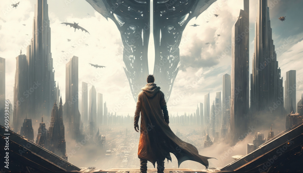 Poster a futuristic sci-fi scene where a man stands in the middle of a vast, sprawling metropolis, surround