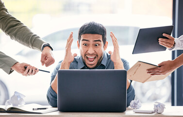Stress, angry and business man chaos on computer, mental health risk and frustrated for mistake,...