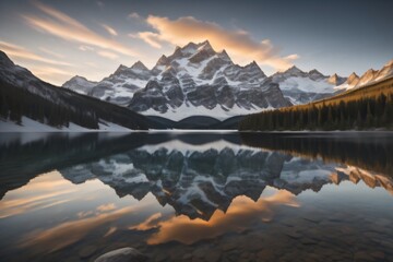 Fototapeta na wymiar Majestic Mountain Range Reflected in a Crystal Clear Lake Ai Generated