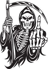 grim Reaper holding scythe and gesturing middle finger - obrazy, fototapety, plakaty