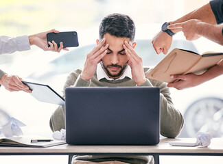 Burnout, headache and chaos of business man with stress, anxiety or mental health crisis, documents and laptop. Project problem, phone call and paperwork of manager, time management and people hands