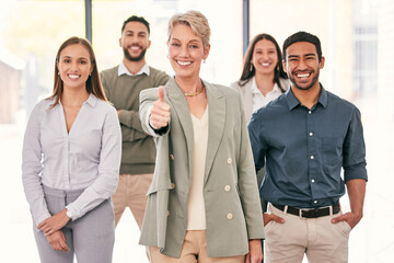 Portrait, thumbs up and woman manager with people success, business teamwork and thank you sign or emoji. Group, leadership and happy person or employees like, yes and okay or thanks and winning hand
