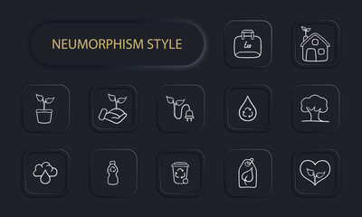 Set of eco-friendly energy icons representing renewable energy sources such as solar power, wind power. Neomorphism style. Vector line icon