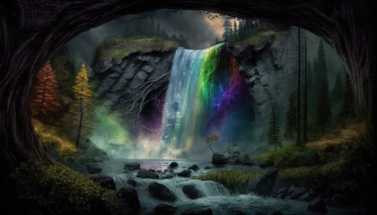 Hidden waterfall in enchanted forest, rainbow-colored mist rises from cascading water. Generative AI