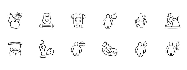 Set of icons representing weight loss and fitness journey. Healthy, active, weight loss, fitness. Vector black set icon