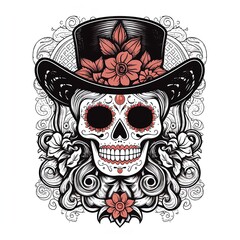 Fototapeta premium Dia de los muertos. Day of The Dead vector poster with smiling sugar festive skull, Generative AI.
