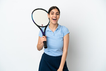 Handsome young tennis player caucasian woman isolated on white background with surprise facial expression