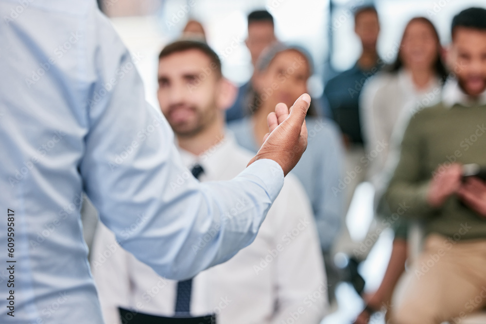 Poster speaker, hands and presentation for employees with close up for a meeting at conference room. semina
