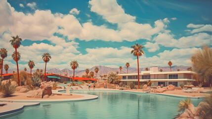 Sun-Kissed Serenity: Palm Springs Beach Delight. Generative AI - obrazy, fototapety, plakaty