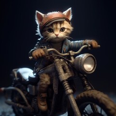 Cat riding a motorcycle illustration. Generative AI.