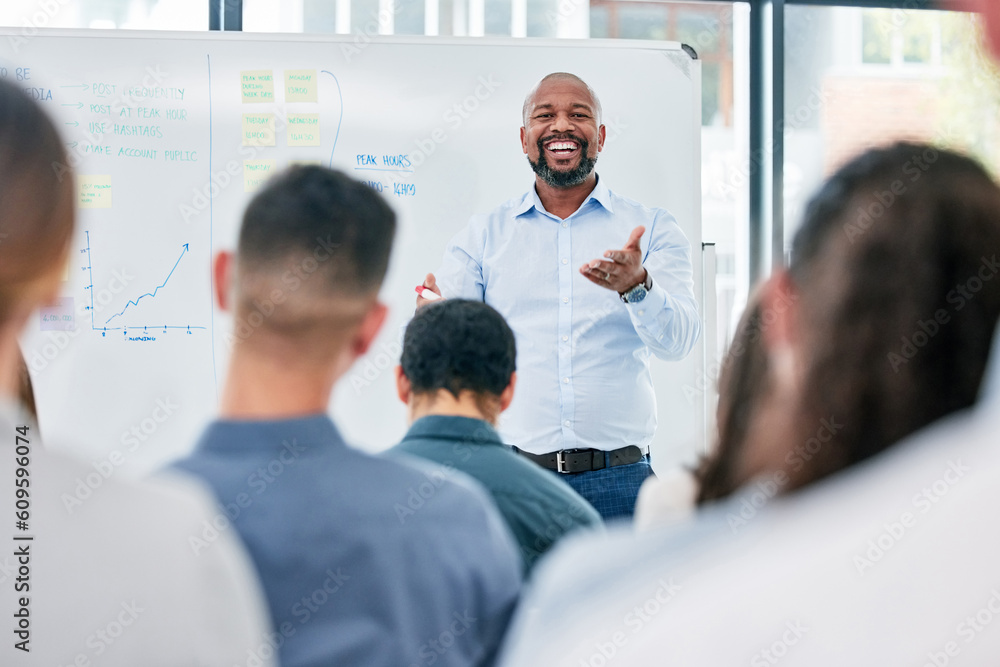 Poster business, coach and presentation with employees for a seminar with explanation and smile. speaker, p