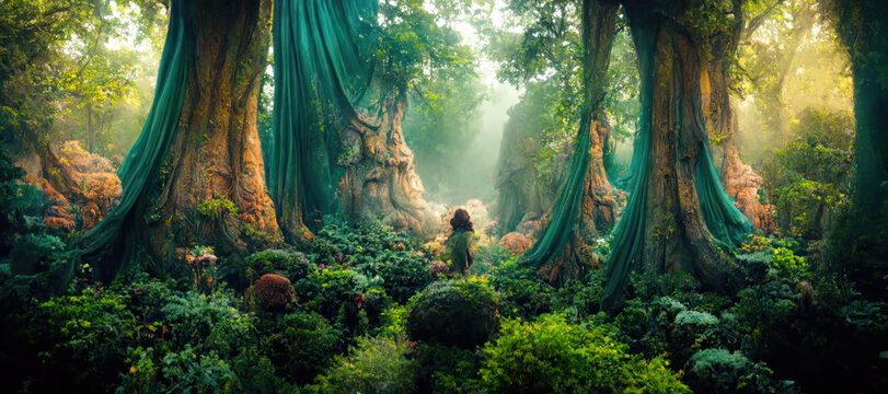 Fairytale forest with giant green trees, path and fireflies. Fantasy background. Generative AI