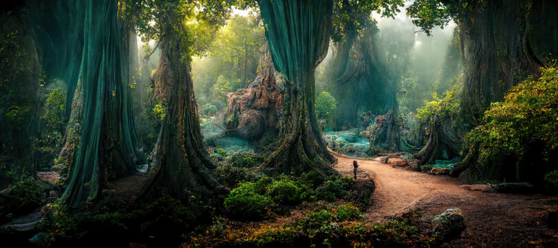 Fairytale forest with giant green trees, path and fireflies. Fantasy background. Generative AI