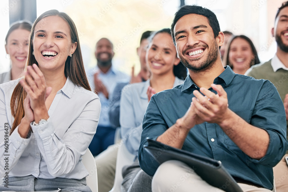 Poster Business people, applause and staff in a workshop, celebration and teamwork with collaboration, smile and success. Coworkers, audience or group clapping, happiness and winning with corporate training