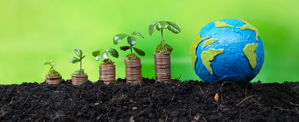 Eco business investment or environment conservation subsidize concept with paper earth and coin...