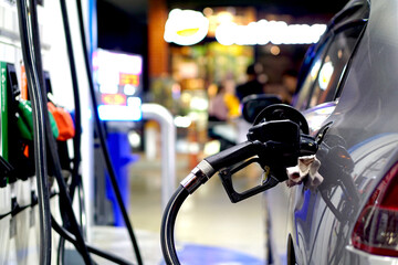 Car parked at gas station Refuel your car with gasoline or diesel with a fuel dispenser.