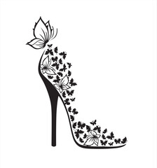 High heel shoe with butterflies and flowers isolated on a white background.