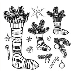 Christmas clipart.  Vintage winter christmas stocking, retro floral deco, candy stick. Stock illustration. Vector, line art.